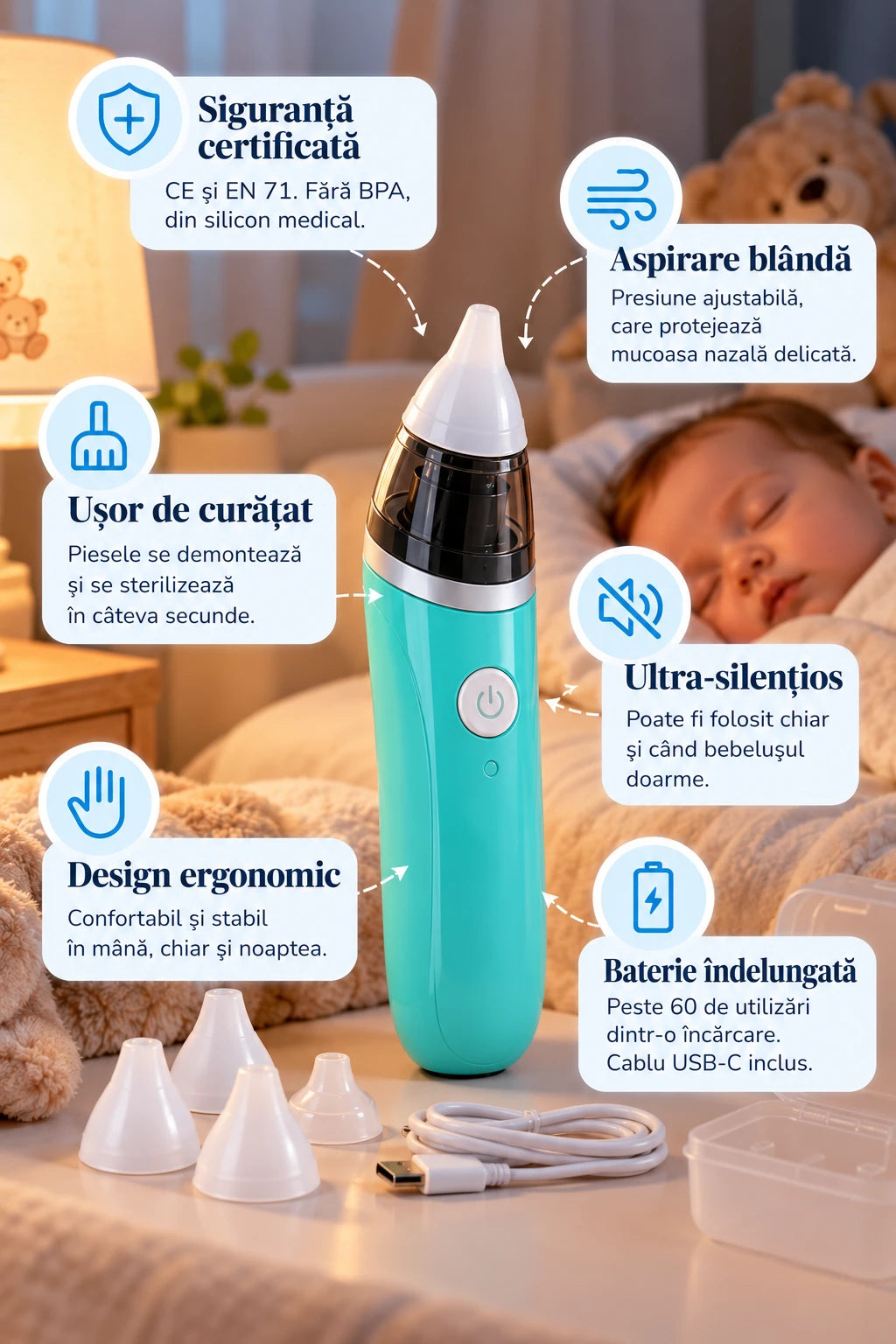 Beneficiile NasoClear: siguranță certificată, aspirare blândă, ușor de curățat, ultra-silențios, design ergonomic, baterie îndelungată